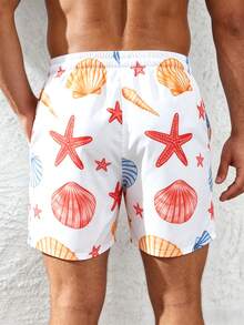 Manfinity KASUA Men's Starfish Print Drawstring Waist Pocket Beach Shorts,All White,Summer,Boho,Holiday,Party,Holiday Matching Swim Trunks For Men Plus Size Beachwear - White - View 2