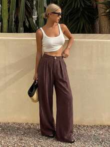 DAZY Solid Color Loose Wide Leg Pants With Pockets Casual Vacation Summer Women Long Pants - Brown - View 4