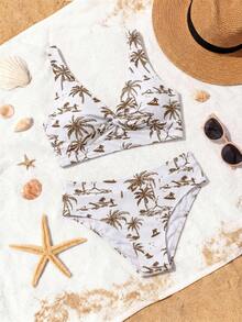 Swim Vcay 26SS 女款春夏海灘度假波西米亞風熱帶椰子棕櫚印花分體式比基尼套裝 - 棕色 - 查看 6