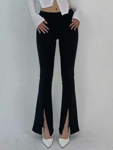 DAZY Solid Color Split Hem Minimalist Leggings, Casual Daily Wear, For Gym Fall Tights School - Black - View 10
