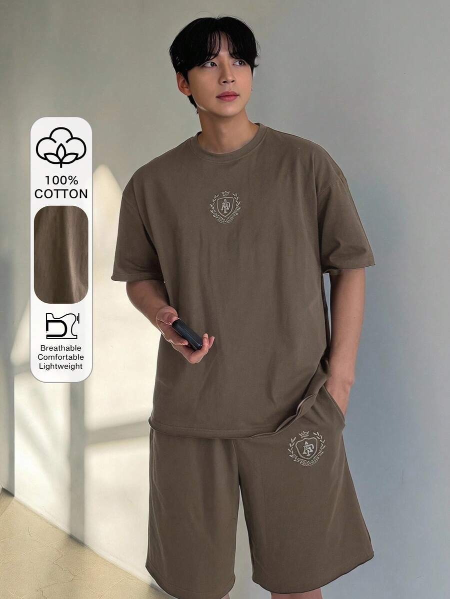 DAZY 夏季字母印花棕色短袖短褲T恤套裝 男款 - 棕色 - 查看 1