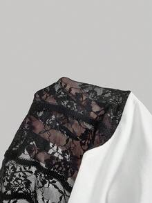 SHEIN MOD 黑白蕾丝拼接弹力圆领短袖修身T恤 - 黑與白 - 查看 6