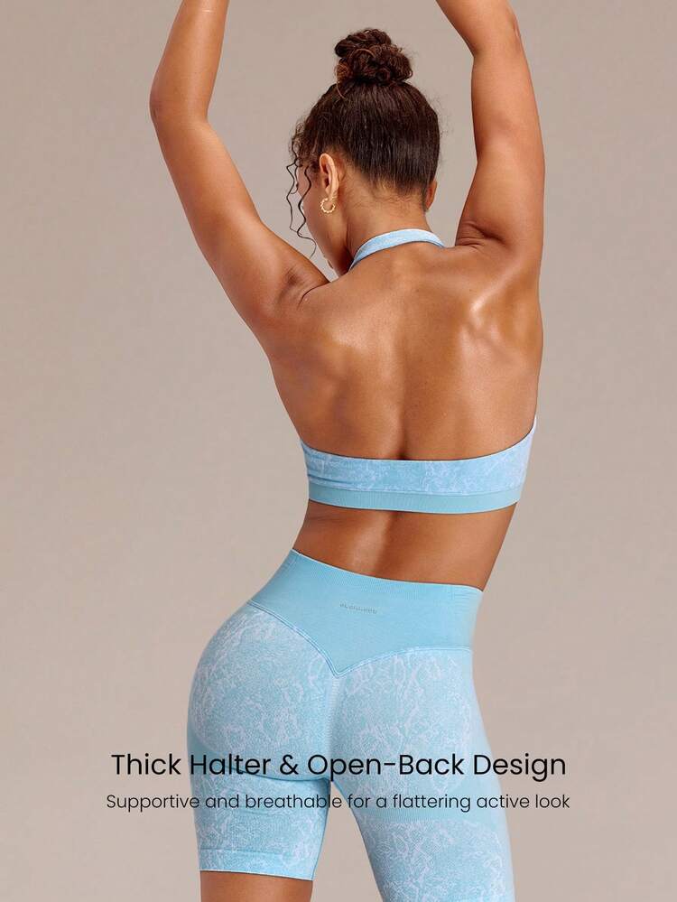 Ultrafine Soft Seamless Halo Ribbed Support Open Back Thick Straps Halter Sports Bra With Removable Cups Workout Gym