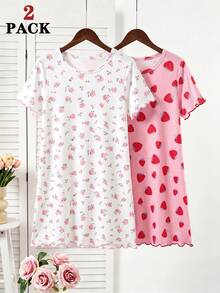 SHEIN 2件組少女睡衣套裝，2件式組合清新水果印花風格，一件滿版草莓與花朵圖案，一件滿版櫻桃與綠葉圖案，粉色與白色，輕盈光滑聚酯纖維面料，柔軟親膚，短袖圓領洋裝款式，舒適不緊身，以2件式組合銷售，女童日常休閒穿著類別，可機洗 - 彩色 - 查看 5