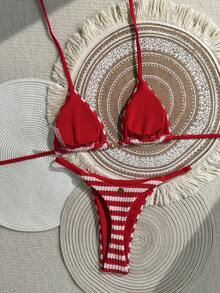 Swim Mod Women's 2026 Spring/Summer New Blue And White Striped Textured Fabric Small Sun Metal Decor V-Neck Backless Triangle Wrap Rope Studded Bikini Swimsuit 2-Piece Set - Red - View 2