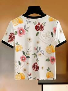 GlowEve Women's Casual Cute Colorblock Round Neck Short Sleeve T-Shirt, Summer Style Tea Party White And Blue Floral - Multicolor - View 2