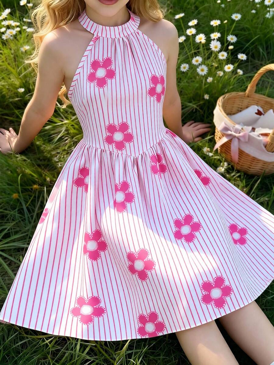 青少年女孩 1 件梭織數位滿版印花條紋與花瓣印花無袖掛脖休閒洋裝，五瓣花圖案裝飾，背後隱形拉鍊收腰 A 字版型，適合春夏季日常休閒與度假穿著