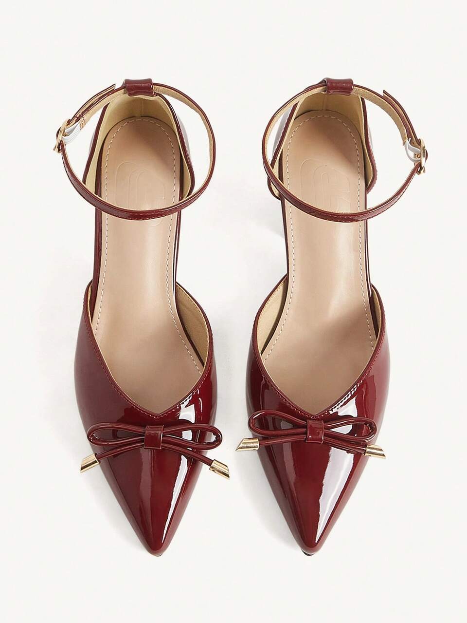 CUCCOO CHICEST Women's Shoes Bow Thick Heel Pointed Hollow High Heels Elegant Burgundy PU Leather High Heel Shoes Dating Shopping Afternoon Tea