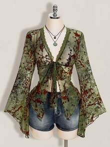 SHEIN ICON Women's Plus Size Retro Sexy Millennial Style Y2K New Chinese Style Green Mesh Floral Flocked Flared Sleeve Lace Patchwork Front Bow Tie Top Boho - Green - View 3