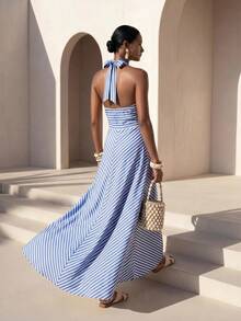 Zivah New Summer Casual Vacation Blue And White Striped Cross-Strap A-Line Loose Women Long Dress, Suitable For Everyday Wear, Vacations, Music Festivals, Travel, Beaches, Party, Airport Outfits, Brunch Outfits, Boho , Nomadic,Casual ,Commuting-A - Blue and White - View 3