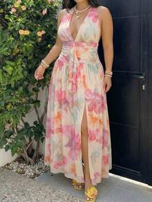 GalTyme Plus Size Vacation Beach Floral All-Over Print High Slit Backless Halter Neck Dress - Multicolor - View 8