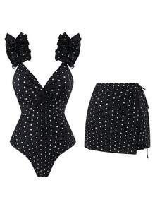 Swim Oasis Sommer Strand Damen Einteiler Polka Dot Muster Spaghettiträger Rüschen Elegant Badeanzug + Rock Strandurlaub Sexy Outfit - Schwarz - Übersicht 1