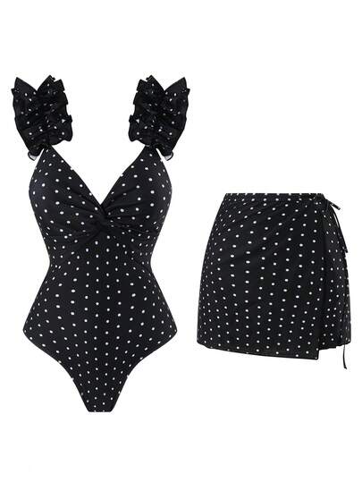 Swim Oasis 夏季海灘女款圓點印花細肩帶荷葉邊優雅連身泳衣 + 裙子海灘度假性感套裝
