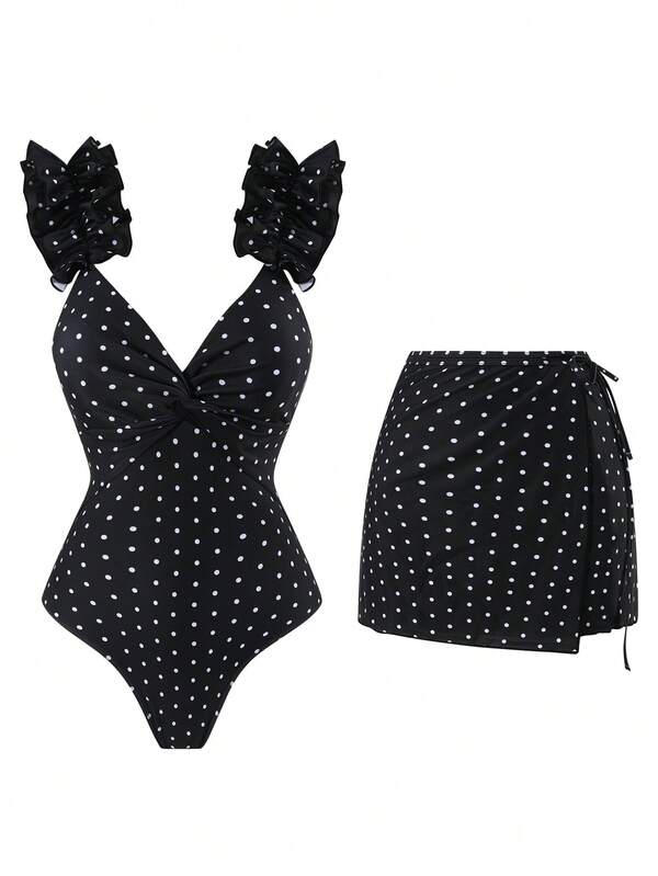 Swim Oasis 夏季海灘女款圓點印花細肩帶荷葉邊優雅連身泳衣 + 裙子海灘度假性感套裝