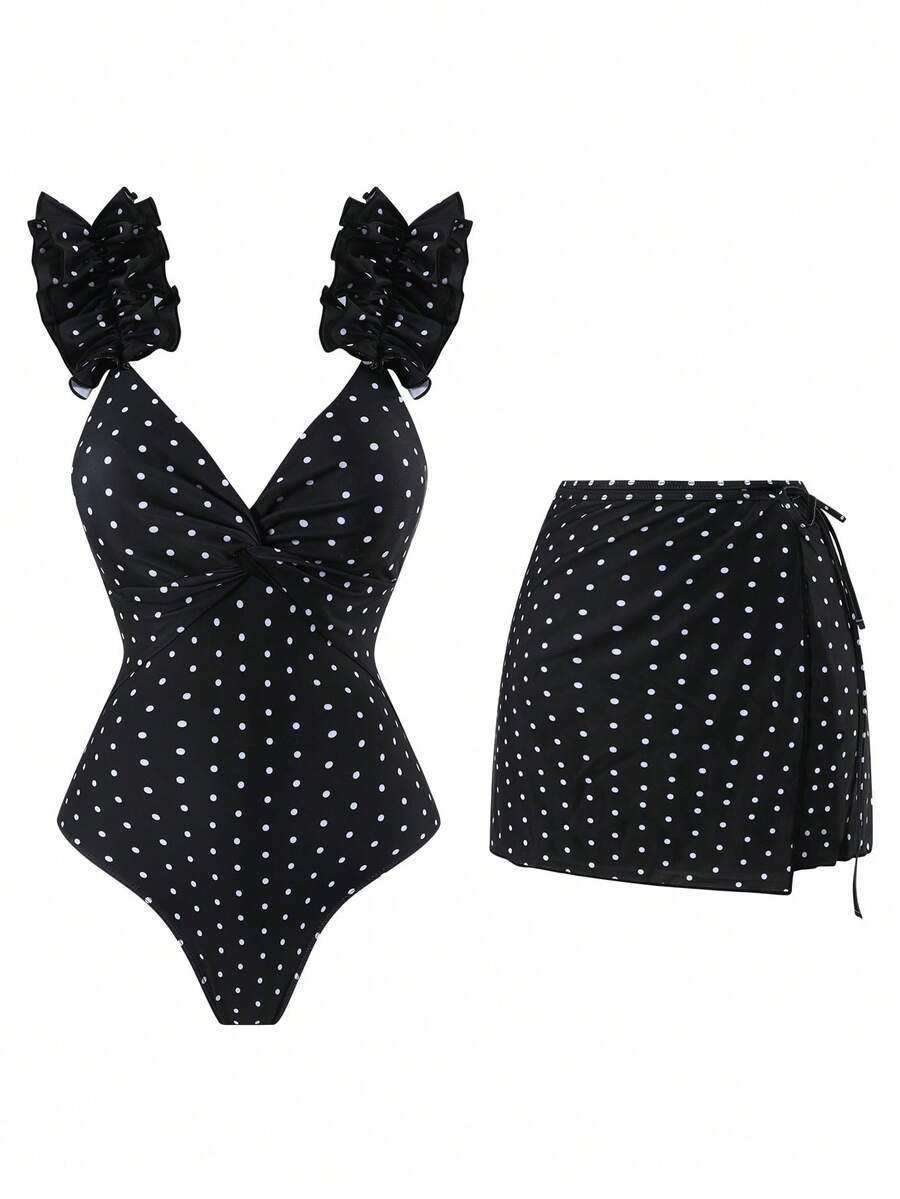Swim Oasis Sommer Strand Damen Einteiler Polka Dot Muster Spaghettiträger Rüschen Elegant Badeanzug + Rock Strandurlaub Sexy Outfit - Schwarz - Übersicht 1
