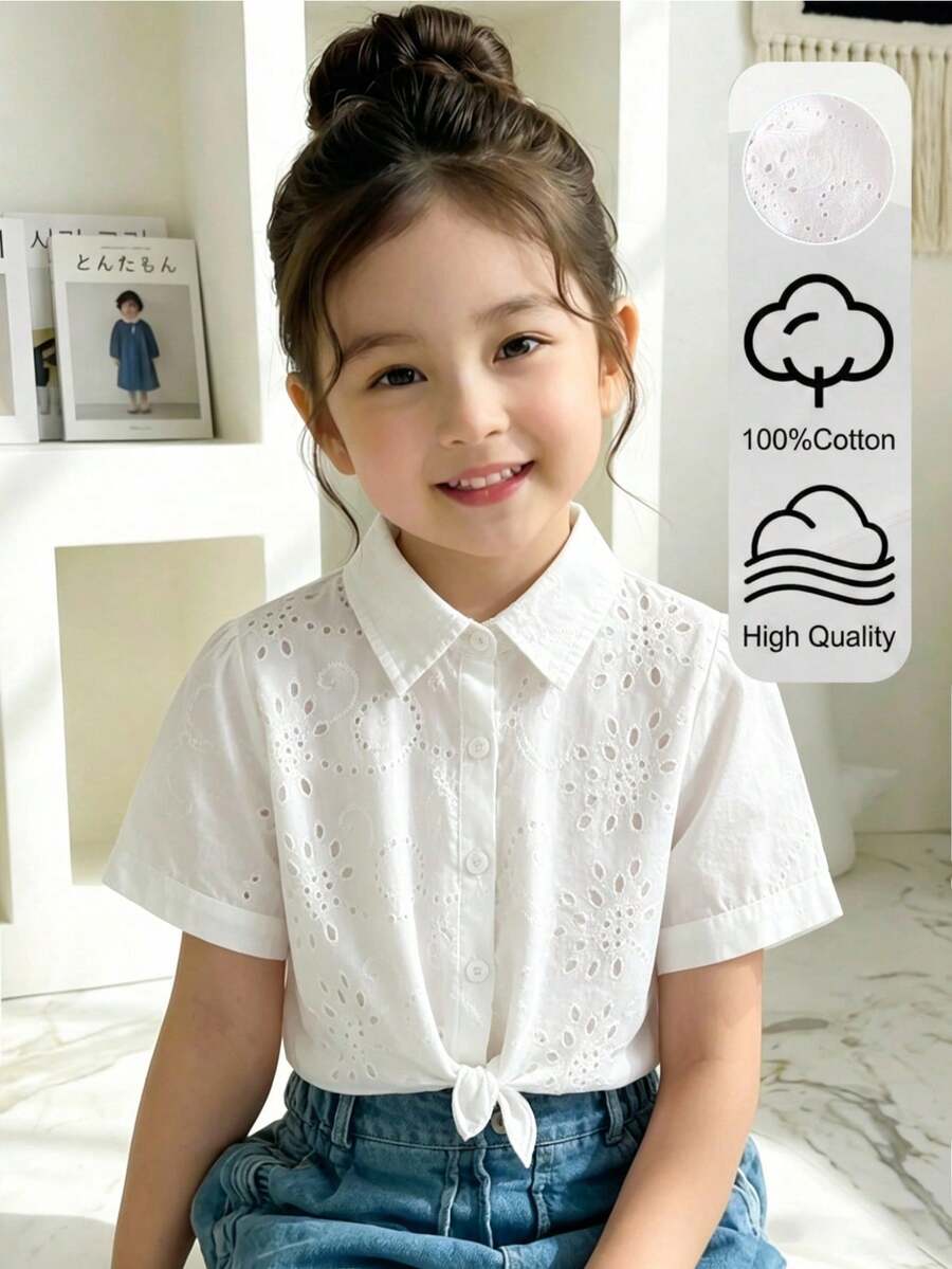 SHEIN Genkimix Kids 儿童白色短袖衬衫,清新精致。领口和下摆饰有蝴蝶结,可爱俏皮,适合夏季郊游和聚会。 - 白色 - 查看 1
