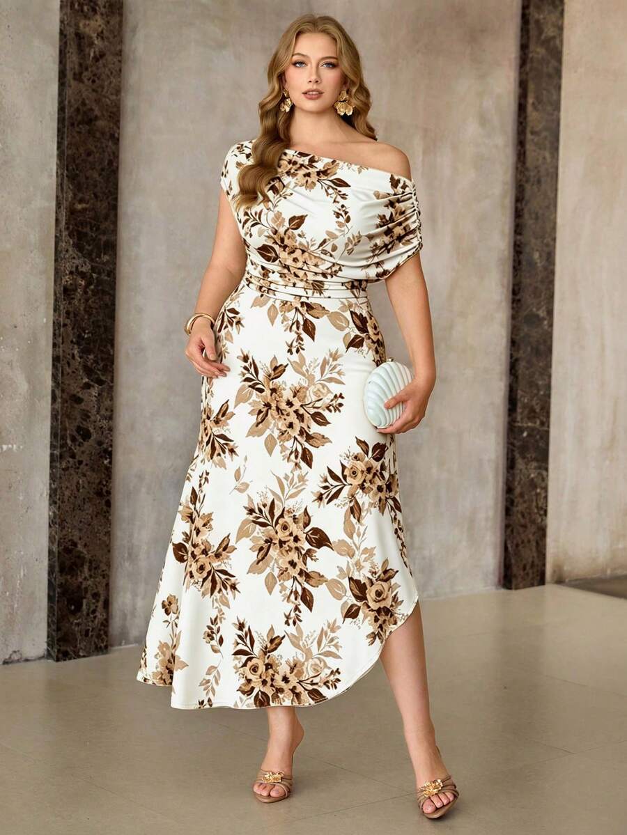 Roveilla Plus Size Spring/Summer Asymmetrical One Shoulder Neckline Casual Elegant Vacation Cold Shoulder Dress Wedding Guest White - White - View 1
