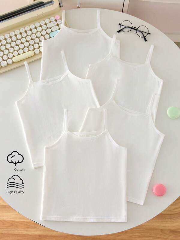Sparklyn 5pcs/Set Camiseta de tirantes de algodón blanco liso minimalista cómoda y suave para niñas pequeñas y jóvenes