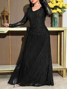 Modelyn Vestido de encaje de unicolor elegante talla grande - Negro - Ver 5