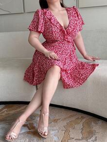 Vibekara Plus Size Summer Ruffle Sleeve French Romantic Boho Vacation Ditsy Floral Waist-Cinched Dress 1 Red And White - Multicolor - View 7