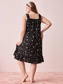 Bonmuse Plus Size Women's Casual Loose Bowknot Floral Print Ruffle Hem Camisole Nightgown - Black - View 2