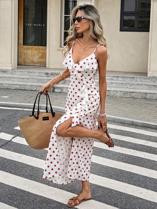Serisse Women's Summer Vacation Polka Dot Ruffle Hem Split Strap Dress