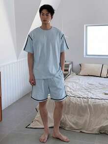 DAZY 夏季藍色短袖上衣與短褲男士居家休閒套裝 - 藍色 - 查看 4