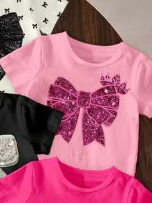 (Random 5 Sets, Send 3 Sets) Summer Girls' Shining Bow Crown Flower Leopard Love Pattern Printed Basic Short T+Shorts Set 6-Piece Set - Multicolor - View 7