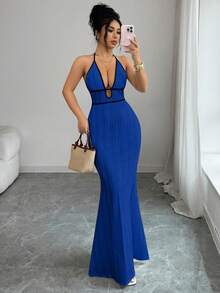 Rafferiza Gaun Bodycon Wanita Musim Semi/Panas yang Menawan, Seksi, Cocok untuk Liburan, Kencan, dan Acara Lainnya. Gaun Bodycon Rajut Bertekstur Pas Badan dengan Tali Bahu Tipis dan Trim Kontras Hitam. - Biru - View 6