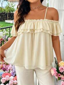 Modelyn Plus Size Summer Casual Elegant Solid Color Off-Shoulder Ruffle Strap Blouse Party Wedding Guest White - Apricot - View 1