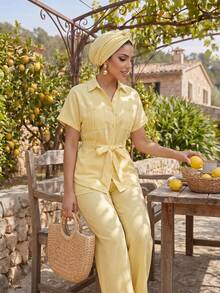 Auveirra Women's Solid Color Short Sleeve Single-Breasted Pocket Shirt And Wide-Leg Pants Casual 2 Pieces Set Yellow Two Piece Set Pant Suit Summer Sets Modest Two Piece Set Linen Two Piece Set Two Piece Set - Yellow - View 6