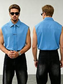 Manfinity Dauomo Men's Fashionable Solid Color Casual Sleeveless Shirt - Baby Blue - View 3