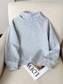 Tween Girl Tween Girl Spring/Autumn New Fashionable Stylish Casual Versatile Design 2 In 1 Linen Striped Patchwork Turn-Down Collar Daily Commute Sweatshirt - Multicolor - View 4