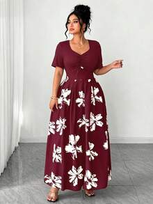 Elenzga Große Größen Lässig Urlaub Pendeln Patchwork Blumenmuster gerafftes Bustier Kleid - Bordeaux - Übersicht 3