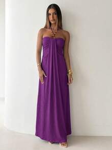 Aloruh Women's Fashion Holiday Party Solid Color Halter Neck Dress - Purple - View 3