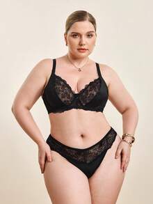 Hourtrue Plus Contrast Lace Underwire Bra Lingerie, Lift - Black - View 7