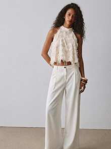 ATUI Studio Women's Off-White Textured Fringe Top – Elegant Chic Fringed Blouse, Everyday Basic For Summer Beach Vacation, Party - Khaki - View 1