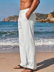 VIVINTIMO Pantalones de playa casuales para hombre con textura, cintura con cordón y bolsillos, para vacaciones - Blanco - Ver 4