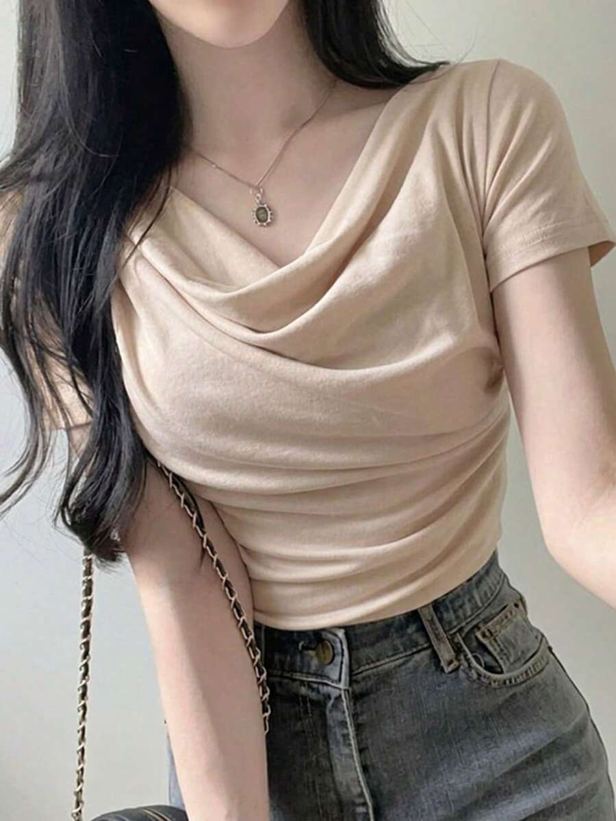 DAZY 春夏季垂領女式短袖T恤上衣,情人節婚禮休閒收腰優雅通勤風 - 杏色 - 查看 1