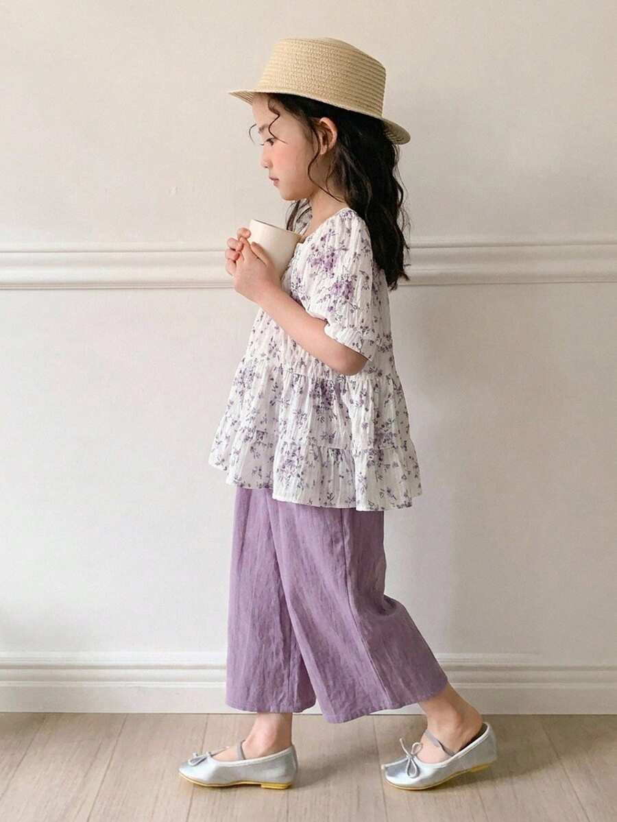 Dazy Kids Setelan 2 Potong Kemeja dan Celana Panjang Motif Bunga Kasual Musim Panas untuk Anak Perempuan - Mauve Purple - View 1
