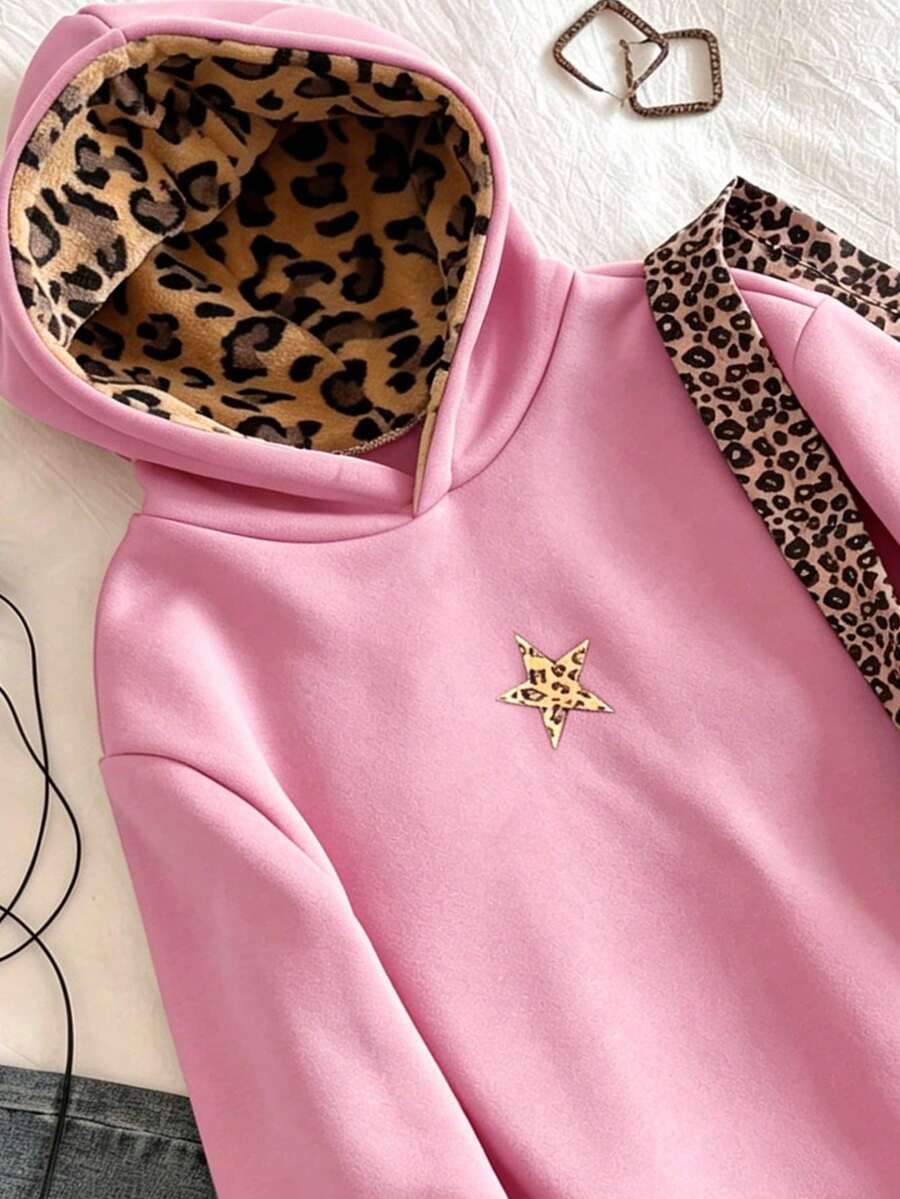 SHEIN 青少年女孩休閒街頭風保暖內裡豹紋帽子,適合學校與日常穿著 - 粉色 - 查看 1