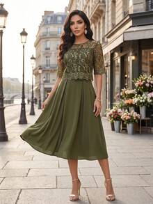 SHEIN Lady Women's Elegant Green Lace Short Sleeve Dress - Green - View 3