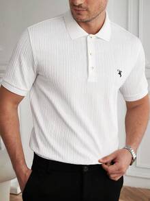 Calvornis Men's Knitted Geometric Jacquard Embroidery Accent Casual Business Short Sleeve Polo Shirt, Formal - White - View 4