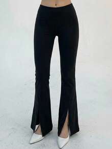 DAZY Solid Color Split Hem Minimalist Leggings, Casual Daily Wear, For Gym Fall Tights School - Black - View 11