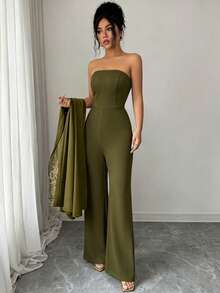 Elenzga Bộ đồ jumpsuit nữ 2 món kèm khăn choàng ren màu vàng - xanh quân đội - Xem 5