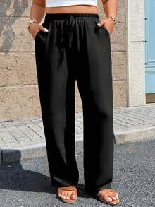 SHEIN LUNE CURVE 休閒舒適日常春夏紋理大尺碼女款長褲 - 黑色 - 查看 5