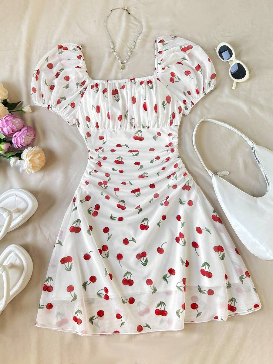 SHEIN 青少年女孩春夏季休閒日常度假櫻桃印花A字洋裝 - 紅色 - 查看 1