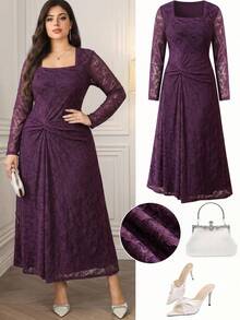 Reflora Plus Size Women's Dress Autumn Winter Spring Elegant Stretch Mesh Dark Purple Soft Comfortable Long Sleeve Summer Outfits Holiday Party Formal Wedding - Purple - View 9