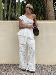 Livesso Women's Asymmetric Neckline Waist-Cinched A-Line Hollow Embroidery Top And Loose Long Pants 2 Pieces Set, Vacation Style Summer - White - View 4