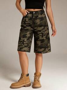 SHEIN Tall Quần short Bermuda nữ họa tiết rằn ri, có túi, dáng rộng, thoải mái, kiểu cargo, quần short rằn ri. - xanh quân đội - Xem 5